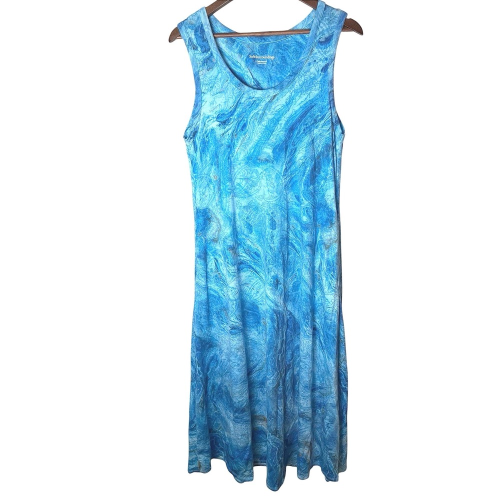 Soft Surroundings Blue Marble Print Sleeveless Maxi Dress Pockets Medium Petite